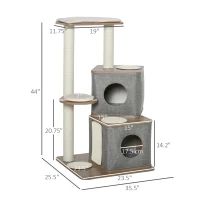 PawHut 44" H Feline Cat Tower Tree House with Sisal Scratching Posts, Soft Relaxing Cushions, & Many Perches/Condos(m-3)