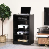 HOMCOM 5-Tier AV Media Stand with Push to Open Glass Doors, Audio-Video Storage Cabinet with Adjustable Shelves for DVD Players, Games Consoles, Routers, Distressed Black(m-8)