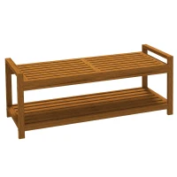 Outsunny Garden Stool with Storage Shelf, Slatted Seat for Indoor Conservatory, Garden, Poolside, Deck, Teak(m-11)
