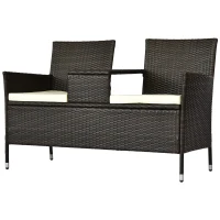 Outsunny 2 Seat Rattan Wicker Chair Garden Bench with Tea Table Backyard All Weather Padded Seat, Brown(m-11)