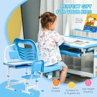 Qaba Kids Desk and Chair Set Height Adjustable Student Writing Desk Children School Study Table with Tilt Desktop, Blue(m-4)