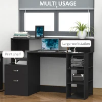 HOMCOM 54 Inches Computer Desk with Storage Shelves, Drawers and Printer Shelf, Writing Table for Home Office and Study, Black(m-4)