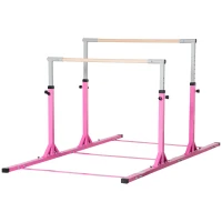 Qaba Double Horizontal Bars, Junior Gymnastic Training Parallel Bars with Double-locking System 13-level 36"-59" Adjustable Heights, 6-level Adjustable Width for Indoor Outdoor, Pink(m-11)