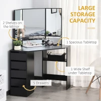 HOMCOM Corner Vanity Table, Makeup Vanity Table with 5 Drawers and Open Shelves, Dressing Table with 3-piece Mirror for Bedroom, Black(m-4)