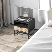 HOMCOM Modern Bedside Table with Drawer, Nightstand with Storage Shelf, Sofa End Table for Bedroom, Black and Oak(m-8)