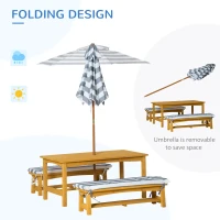 Outsunny Kids Wooden Table Bench Set with Cushions, Outdoor Picnic Furniture with Removable Umbrella, for Backyard, Garden, Boys and Girls, Yellow(m-4)