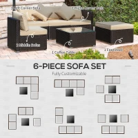 Outsunny 6 Piece Patio Furniture Set Outdoor Wicker Conversation Set All Weather PE Rattan Sectional Sofa Set with Ottoman, Cushions and Tempered Glass Table, Coffee and Beige(m-7)