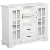 HOMCOM Modern Kitchen Sideboard with 2 Drawers, Coffee Bar Cabinet with Glass Doors Storage Cupboard and Open Shelf, White(m-11)