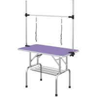 PawHut Adjustable Dog Grooming Table with 2 Safety Slings, Storage Basket, Purple(m-2)