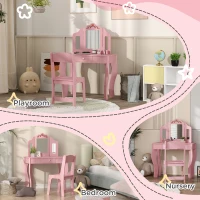 Qaba Kids Vanity Set, Dual-Use Dressing Table with Removable Tri-Folding Mirror and Drawer, for Ages 3-8, Pink(m-7)