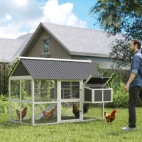 PawHut Wooden Chicken Coop with Run, 2 Nesting Boxes, 2 Roosting Bars, Ramp & Tray, Poultry Cage for 6-8 Chickens, Gray(m-2)