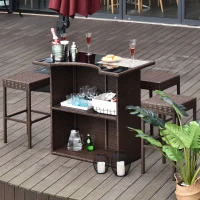 Outsunny 5 Pieces Patio Bar Set, Outdoor PE Rattan Wicker High Top Outdoor Table and Chairs Outdoor Bar Set with Tempered Glass Top Bar Table and Shelves, 4 Bar Chairs, Dark Brown(m-8)