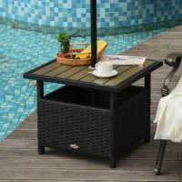 Outsunny 22" Outdoor Side Table with Umbrella Hole, Rattan Wicker End Table with Sand Bag and Steel Frame for Outdoor, Patio, Garden, Backyard, Black & Tan(m-10)
