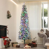 HOMCOM 7.5 ft Pencil Christmas Tree, Pre-Lit Flocked Xmas Tree with Dual Color LED Lights, 519 Tips and Metal Stand, Green(m-10)