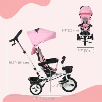 Qaba 6 in 1 Toddler Tricycle with Parent Push Handle, Canopy, Storage Baskets, Cupholder, Pink(m-3)