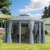 Outsunny 13ft Hexagon Gazebo Outdoor Canopy Shelter with Netting and Shaded Curtains Grey(m-8)