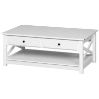 HOMCOM Coffee Table with Storage, Farmhouse Living Room Table with Drawers and Open Shelf, Centre Table with X-frames, White(m-11)