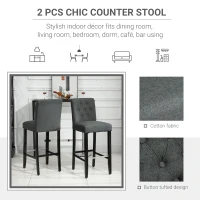 HOMCOM 2 Piece Bar Height Barstools, 30 Inches Linen Upholstered Breakfast Stools, Bar Chairs with Back, Footrest and Solid Wood Leg, Armless Seat for Kitchen, Dining Room, Grey(m-4)