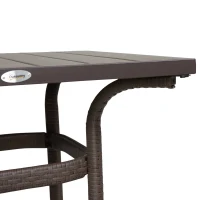 Outsunny 3 PCS Rattan Wicker Bar Set with Wood Grain Top Table and 2 Bar Stools for Outdoor, Patio, Poolside, Garden, Brown(m-7)