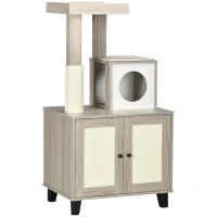 PawHut Cat Litter Box Enclosure Furniture with Cat Tree, Hidden Litter Box with Scratching Post, Bed, Modern Cat House Indoor, Gray(m-11)