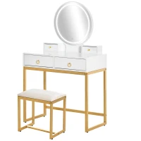 HOMCOM Makeup Vanity Table Set with 3-Color Touch Screen Dimmable Lighted Mirror, Dressing Desk with 4 Drawers and Cushioned Stool for Bedroom, White(m-11)