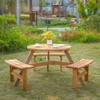 Outsunny 6 Person Round Picnic Table Bench Set with Umbrella Hole, Wood Patio Table with 3 Built-in Benches for Garden, Deck, Backyard, Brown(m-8)