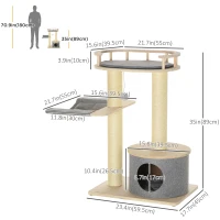 PawHut 35" Cat Tree, Kitty Activity Centre, Wooden Cat Climbing Toy, Cat Tower with Cat Bed Hammock Condo Washable Cushion Hanging Ball Toy Sisal Scratching Post, Natural(m-3)