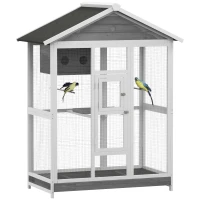 PawHut 65" Bird Cage Large 2 Doors Wooden Aviary for Canary with Standing Pole Nest Slide-out Tray, for Indoor Outdoor, Grey(m-2)