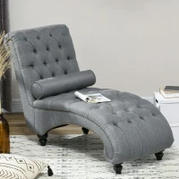 HOMCOM Button Tufted Chaise Lounge Chair Indoor Upholstered Lounge Chair with Bolster Pillow Wood Legs Nailhead Trim for Living Room Bedroom Home Office Grey(m-8)