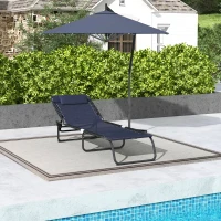 Outsunny Folding Chaise Lounge Pool Chair with 4-Position Reclining Back, Pillow, Breathable Mesh & Bungee Seat, Dark Blue(m-7)