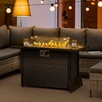 Outsunny Propane Fire Pit Table 43" Outdoor Fire Table, 50,000 BTU Pulse-Ignition Wicker Firepit Furniture with Glass Wind Guard, Blue Glass Rock, CSA Certification, Coffee(m-7)
