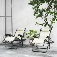 Outsunny Zero Gravity Lounge Chair Set, 2 Pieces Reclining Folding Outdoor Lounge Chairs with Headrest Side Tray, Cream(m-10)