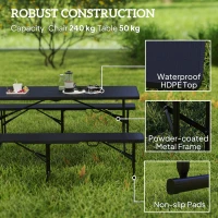 Outsunny 6FT 3PCS Faux Rattan Outdoor Camping Table Bench Set with Carrying Handles, Folding Picnic Table with 2 Benches, Black(m-5)