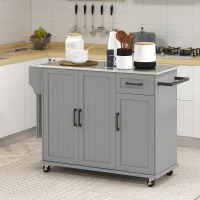 HOMCOM Kitchen Island with Wheels, Kitchen Island on Wheels with Drawer, 3 Cabinets, Stainless Steel Countertop, Gray(m-10)
