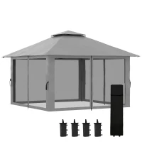 Outsunny 13' x 13' Pop Up Canopy, 2-Tier Roof Easy up Tent Shelter with Nettings Carry Bag Weight Bags for Garden, Patio, Grey(m-2)