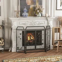 HOMCOM 3-Panel Metal Fireplace Mesh Screen Home Folded Steel Spark Protection with Magnetic Doors 49.25" x 31.5", Black(m-2)