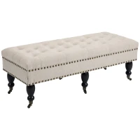 HOMCOM Mobile End of Bed Bench, Upholstered Bedroom Entryway Bench with Button-Tufted, Accent Ottoman with Nailhead Trim and Wheels, Beige(m-1)