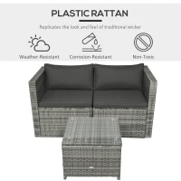 Outsunny 3 Pieces Patio PE Rattan Bistro Set Cushioned Armchair Sofa and Coffee Table Outdoor Furniture(m-5)