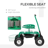 Outsunny Garden Scooter, Rolling Cart with Swivel and Adjustable Seat, Tool Tray, Bucket Basket, Green and Black(m-4)