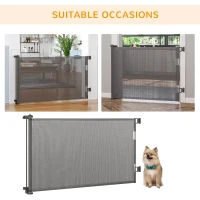 PawHut Retractable Pet Gate, 33.5" Tall, Extends to 59.1" Wide, Foldable Mesh Dog Gate for house, w/ Single Hand Operation, for Stairs, Doorways, Hallways - Grey(m-6)