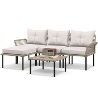Outsunny 5-Piece Rattan Patio Furniture Set with Sofa, Chaise Lounge, Coffee Table, Footstools, Cushions, Cream White(m-1)