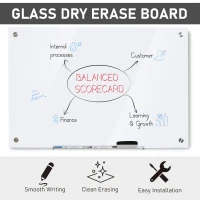 Vinsetto 35.5" x 23.5" Glass Magnetic Dry Erase Whiteboard, Frameless Board on Wall, with Dry Eraser, 4 Markers, and Pen Holder, White(m-4)