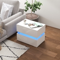 HOMCOM Modern Nightstand, Bedside Table with 2 Drawers, USB Powered RGB LED Lights, Remote for Bedroom, White