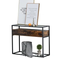 HOMCOM Industrial Style Entryway Console Table Desk with Drawers, Toughened Glass Shelf, 3D Wood Grain(m-11)
