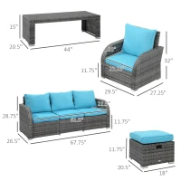 Outsunny 6 Pieces Patio Furniture Set, Conversation Set Wicker Sectional Set Cushioned Outdoor Rattan 3-Seat Sofa, 2 Adjustable Recliners, 2 Footstools & Table Set for Lawn Garden Backyard, Sky Blue(m-3)