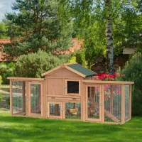 PawHut 80" Chicken Coop, Wooden Outdoor Chicken Cage Poultry Hen House with Nesting Box, Double Runs, Removable Tray, Ramps, for Garden Backyard(m-2)