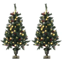 HOMCOM 4FT Pre-Lit Decorated Christmas Tree with Red Berries and Pine Cones Snow Flocked Christmas Tree with LED Lights Green(m-2)