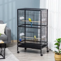 PawHut Bird Cage Conure Parrot Budgie Cage with Bird Perch & Wheels, Black(m-1)