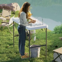 Outsunny Folding Fish Cleaning Table with Sink, Portable Camping Table with Faucet, Drainage Hose, Sprayer and Shelf, White(m-2)