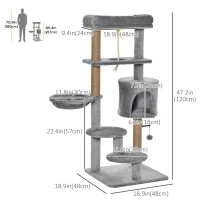 PawHut Cat Tree, 47 Inches Multi-Level Cat Tower with Scratching Post, Hammock, Cat Condo, Perch, Toy Ball, Tall Cat Tree for Indoor Cat, Grey(m-3)